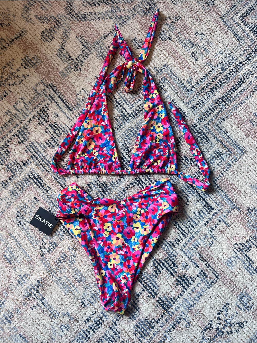 Skatie Bright Pink Floral Halter Bikini Set NWT